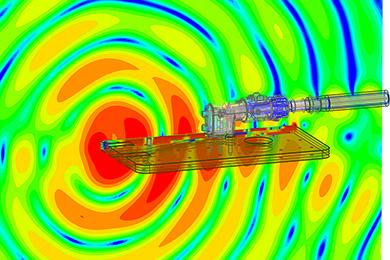 基于高频CAE解析的电磁噪声放射图 连接器处电磁放射时的波强（红色：强），在强弱变化的同时传播开来