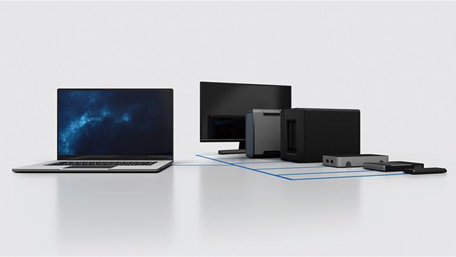 Thunderbolt™线缆可与各类周边设备连接(示意图)(图片提供:英特尔公司)