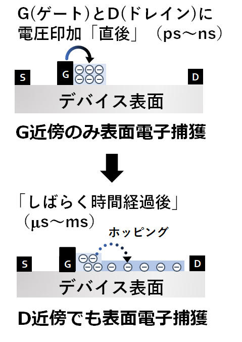 図3：表面電子捕獲の時空間挙動を説明するメカニズム