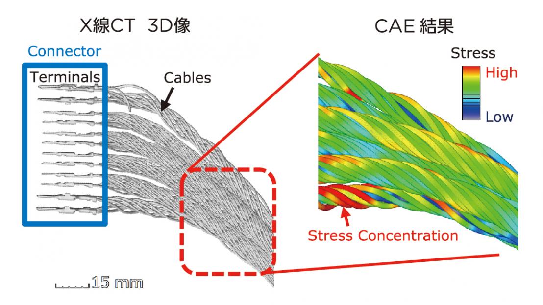 電線のX線CTによる3D映像とCAEによる応力計算結果