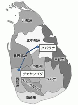 スリランカ(点線:送電ルート)