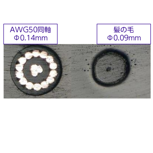 AWG50同軸Φ0.14mmと、髪の毛Φ0.09mmの比較