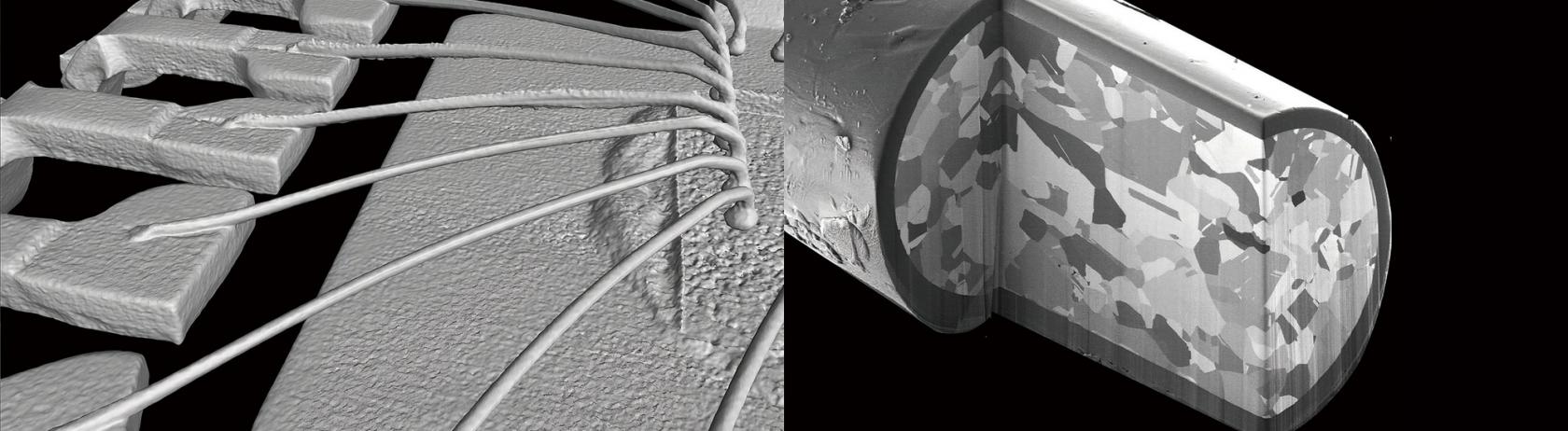 left: X-ray CT image of a semiconductor package, right: a partial cross section of a copper wire