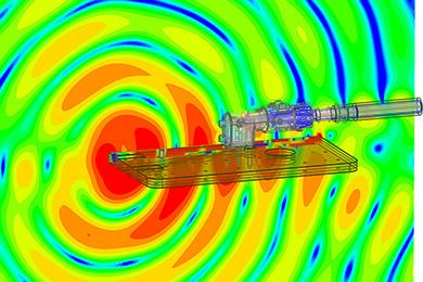 This electromagnetic noise radiation chart based on high-frequency CAE shows the strength of waves during electromagnetic radiation at the connector (red: strong). The waves propagate in varying intensity.