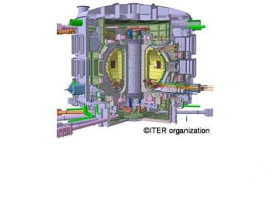 External view of the ITER main unit. The ITER is a device for demonstrating that power generation using fusion energy, which has been called the “sun on the ground,” is technically and scientifically viable. The core of the device is a donut-shaped part where ultra-high temperature plasma is generated, and fusion reactions take place in the plasma.