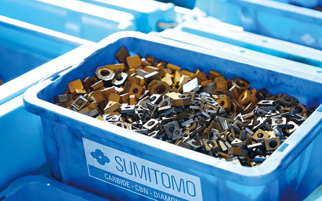 Sumitomo Electric’s collection box for recycling, and cemented carbide cutting tools collected