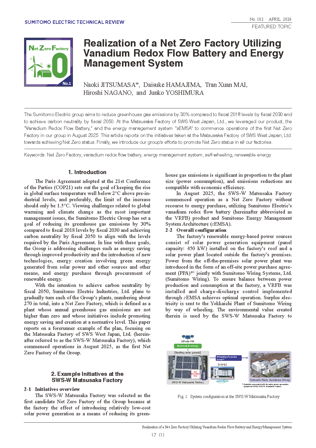 Realization of a Net Zero Factory Utilizing  Vanadium Redox Flow Battery and Energy  Management System