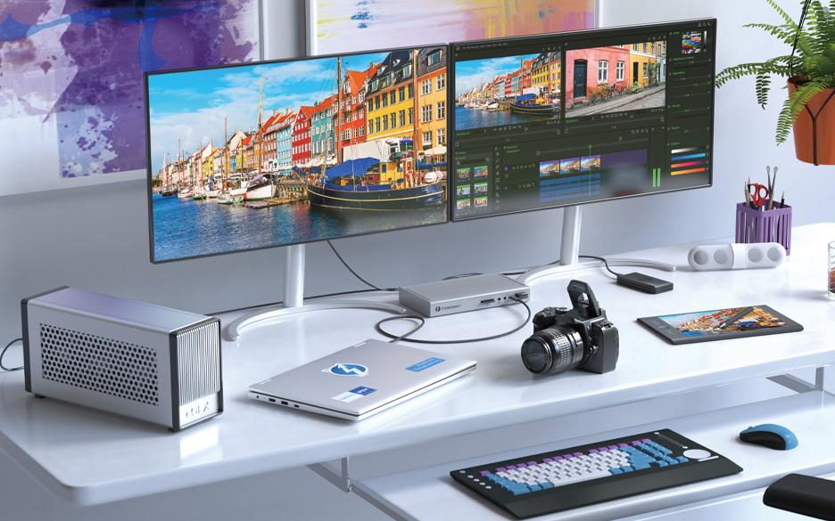 A single Thunderbolt™ cable simultaneously connects a PC to two 4K displays and multiple external storage devices, creating a comfortable working environment. (Image courtesy of Intel.)
