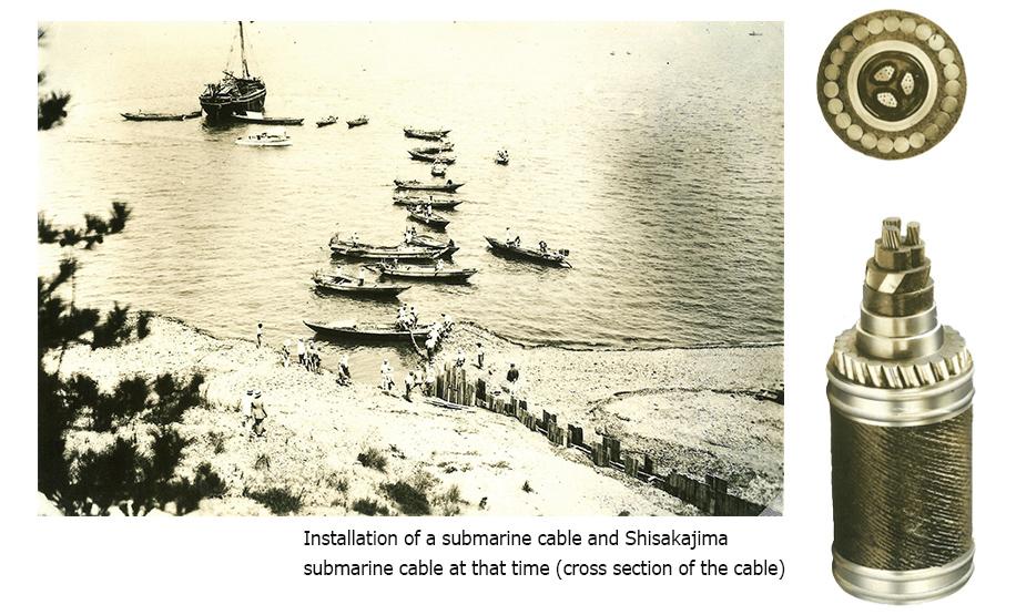 Installation of a submarine cable and Shisakajima submarine cable at that time (cross section of the cable)