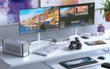 A single Thunderbolt™ cable simultaneously connects a PC to two 4K displays and multiple external storage devices, creating a comfortable working environment. (Image courtesy of Intel.)